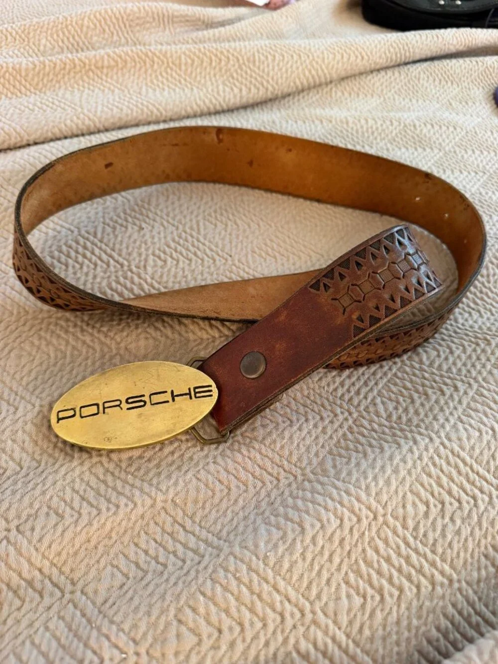Porsche Mens Belt Brass Buckle Leather Strap Brown Tooled 34-40 inches Vintage